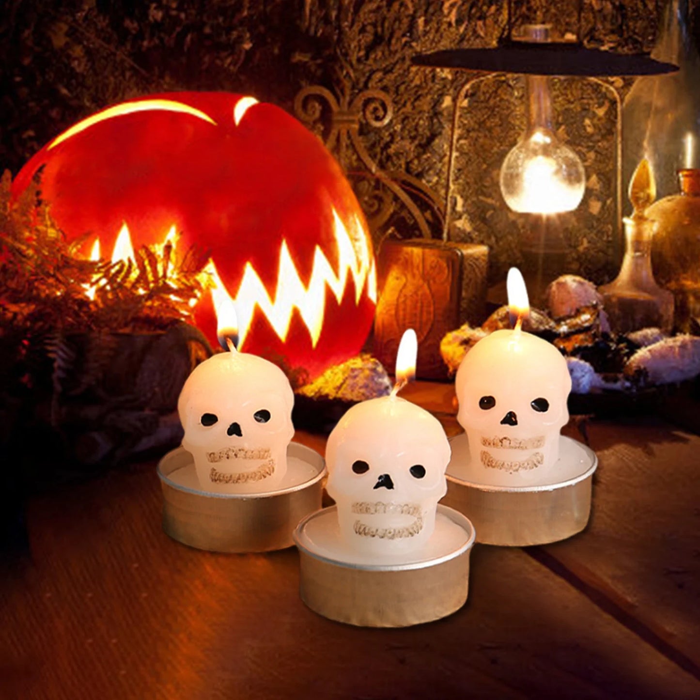 QIAKAA 3 Packs Halloween Skull Candles, Halloween Celebration Candles, Real Flaming Ghost Candles for Fall Thanksgiving Table Decoration Home Halloween Indoor Party Decor