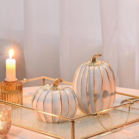 Fall Pumpkin Decor, 2 PCS Resin Thanksgiving Fake Pumpkin Figurines, White and Gold Pumpkins for Decorating, Fall Decorations for Home, Farmhouse, Harvest Table Centerpiece