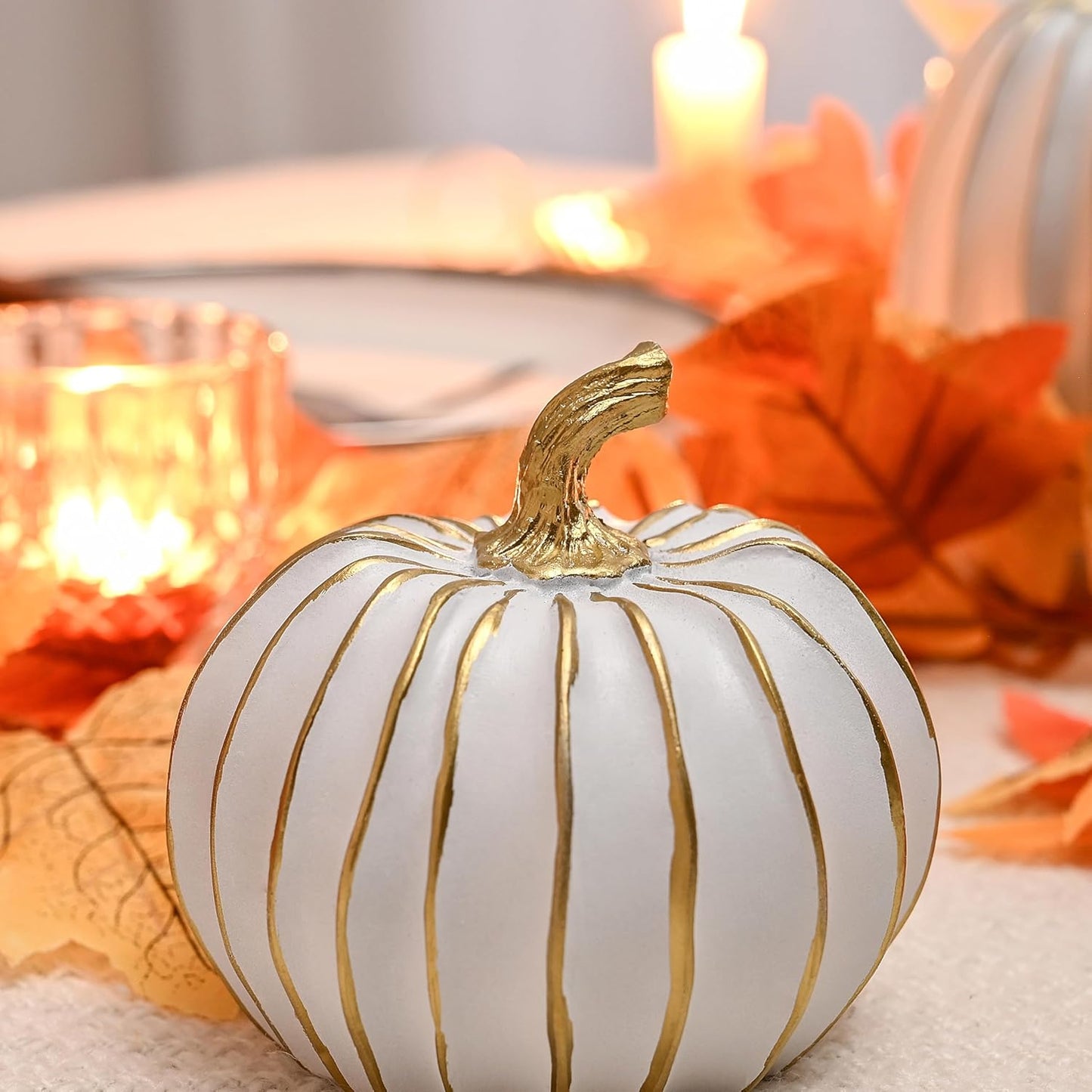 Fall Pumpkin Decor, 2 PCS Resin Thanksgiving Fake Pumpkin Figurines, White and Gold Pumpkins for Decorating, Fall Decorations for Home, Farmhouse, Harvest Table Centerpiece