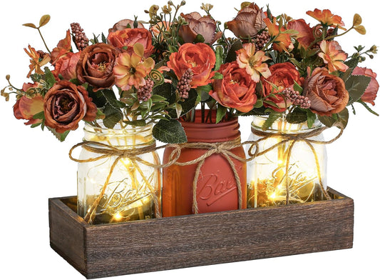 3 Pcs Mason Jar Centerpiece Table Decorations for Dining Table Decor Farmhouse Coffee Table Decor with Wood Tray and Led Light Table Centerpieces for Dining room Kitchen Living Bathroom,Orange