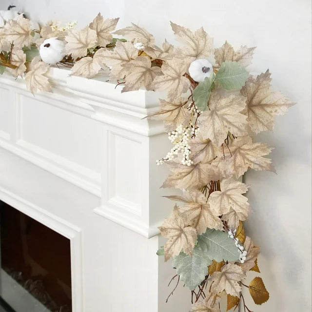 Fall Garland - 6 Ft Autumn Maples Leaf Pumpkin Berry Garland - Mantle Fireplace Thanksgiving Farmhouse Harvest Decorations for Home Outdoor Indoor