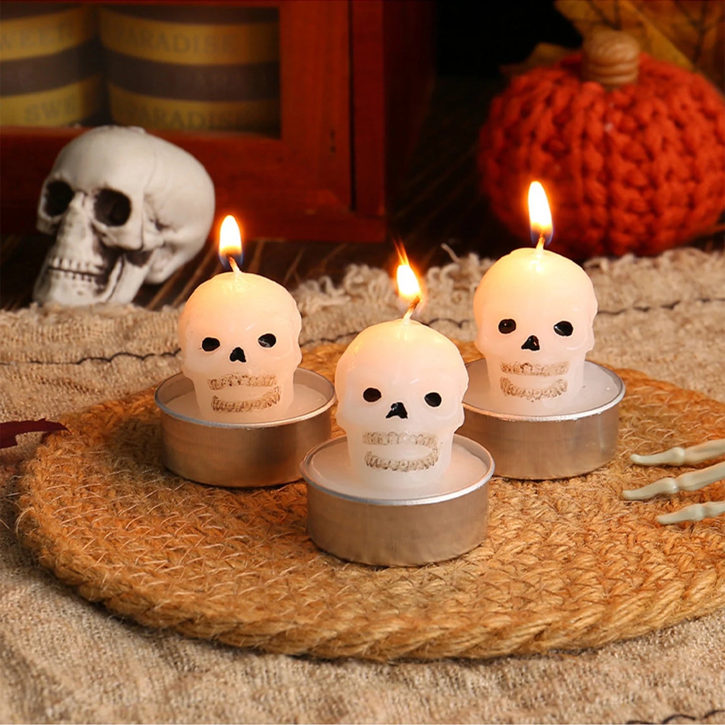 QIAKAA 3 Packs Halloween Skull Candles, Halloween Celebration Candles, Real Flaming Ghost Candles for Fall Thanksgiving Table Decoration Home Halloween Indoor Party Decor